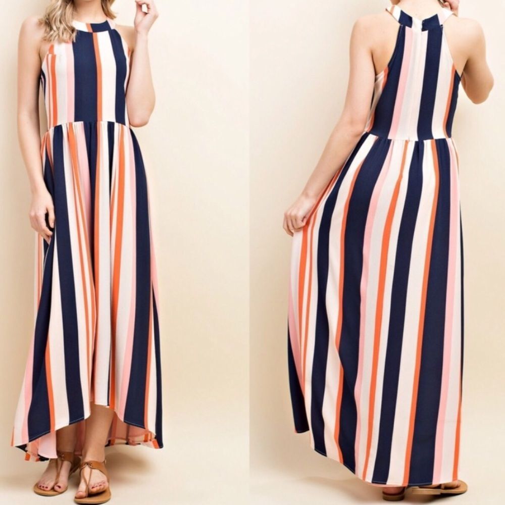 Blushing Heart Halter Neck Striped High Low Maxi Dress S
